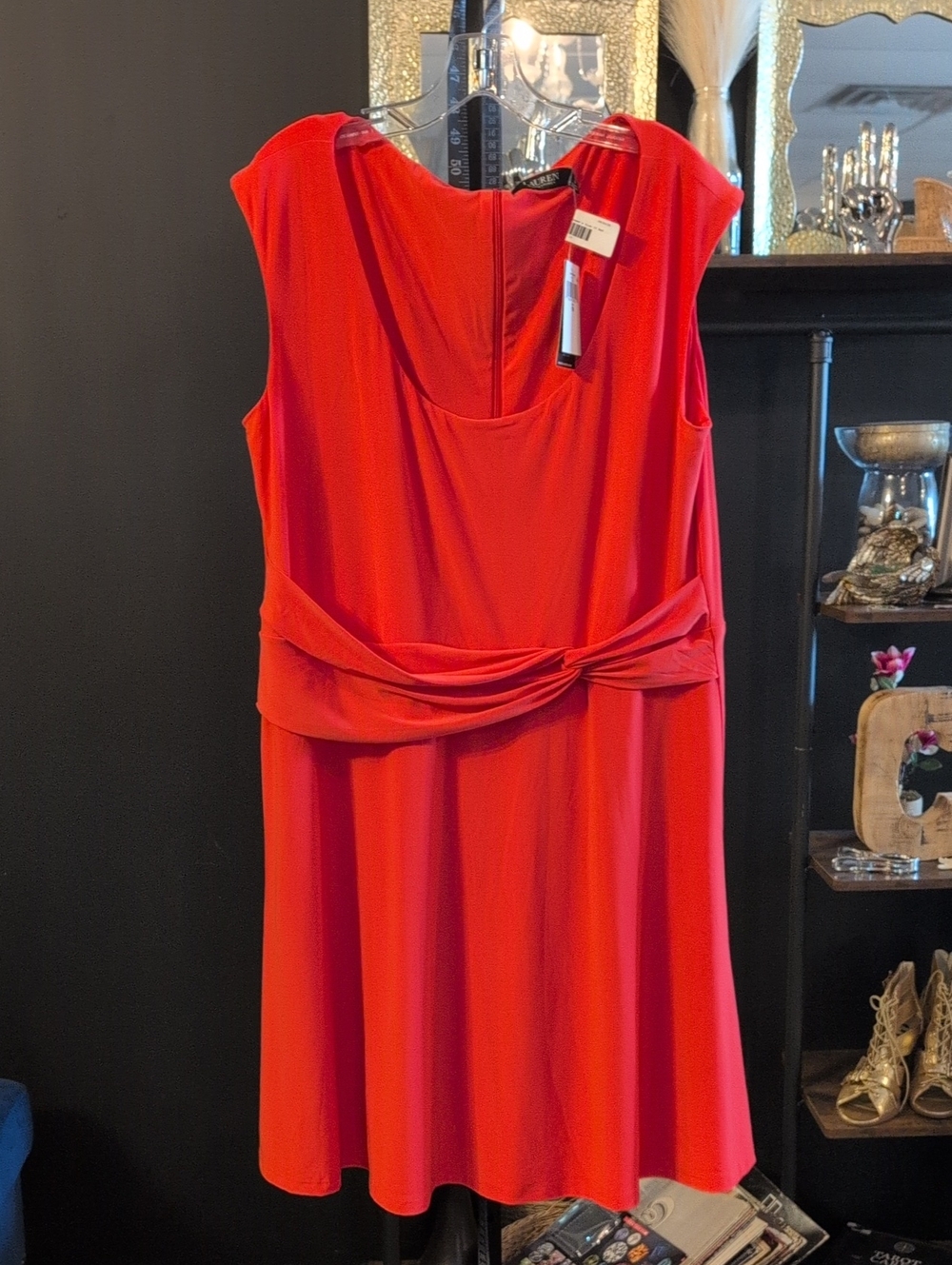 Ralph Lauren Bold Orange Sleeveless Knot-Waist Midi Dress